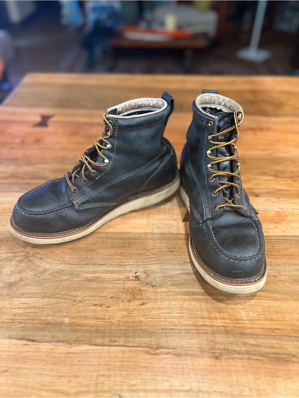 Thorogood Black Moc Toe Work Boots with Contrast Laces